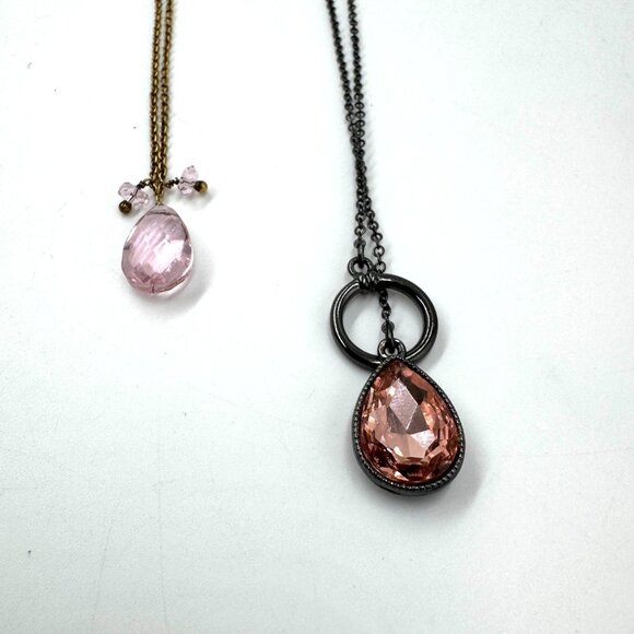 Teardrop Mystic Quartz Sterling Silver and Pink Rose Rhinestone Lariat Necklace - Picture 3 of 13